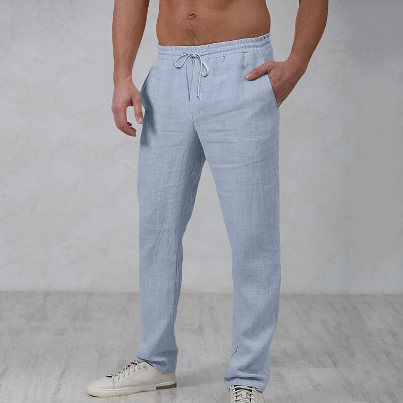 Men's Linen Pants Trousers Summer Pants Beach Pants Drawstring Elastic Waist Straight Leg Plain Comfort Outdoor Casual Daily Streetwear Stylish White Navy Blue