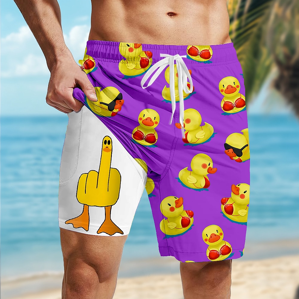 Men's Little Yellow Duck Funny Lined Shorts 2 in 1 Board Shorts Swim Shorts Mid Waist Hawaiian Vacation Beach Wear Side Pockets With Compression Liner Elastic Drawstring Waist Designer Clothing