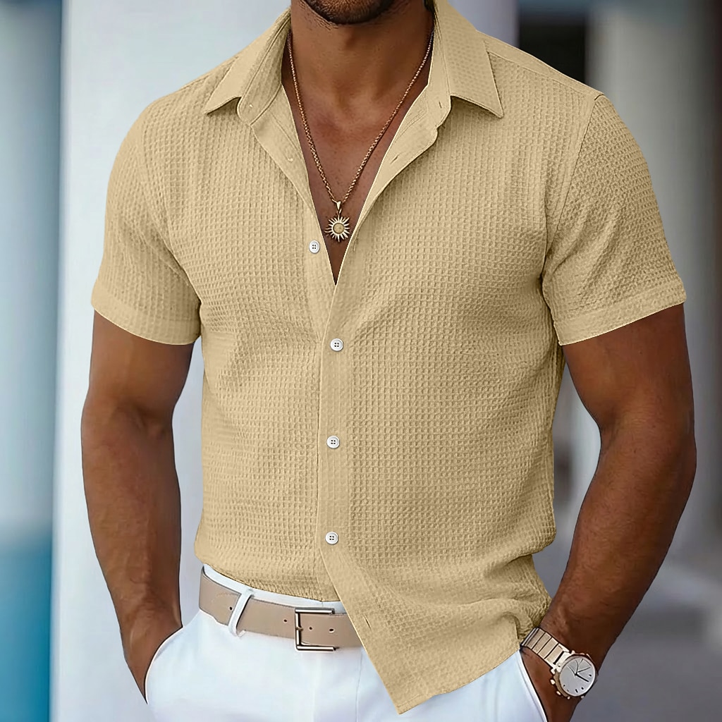 Men's Shirt Waffle Shirt Texture Casual Shirt Button Up Shirt Blue Black White Pink khaki Short Sleeve Plain Lapel Casual Daily Clothing Apparel Fashion Modern Casual Comfortable