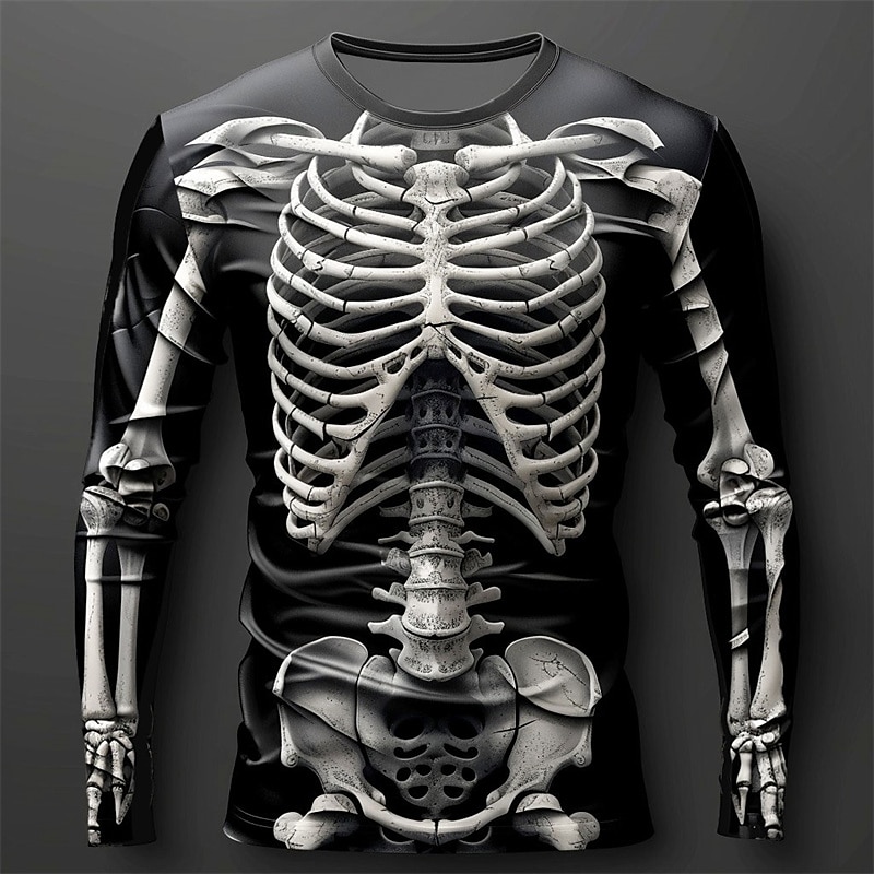 Halloween Day of the Dead Skull Men's Skeleton Costume T Shirt Long Sleeve T shirt 3D Print Crew Neck Shirt Fashion Exaggerated Street Casual Daily  Summer Spring Fall Clothing Apparel