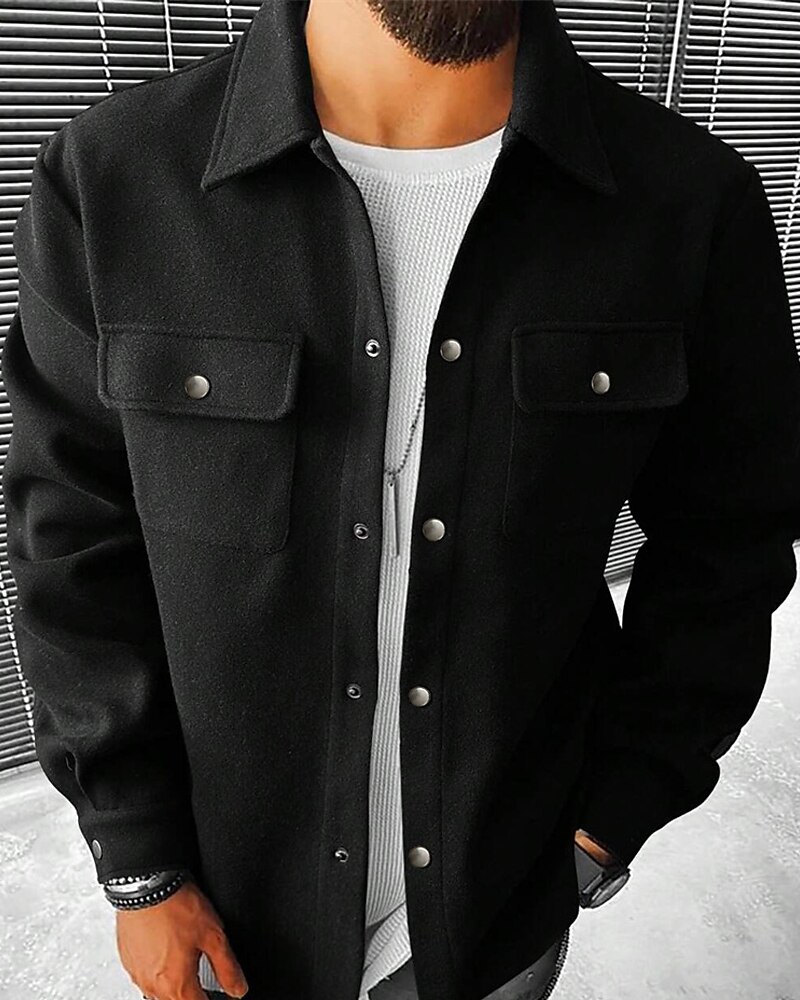 Men's Shirt Jacket Casual Jacket Vacation Daily Breathable Pocket Spring Fall Plain Fashion Classic Lapel Regular Dark Gray Black Navy Blue Khaki Light Grey Jacket