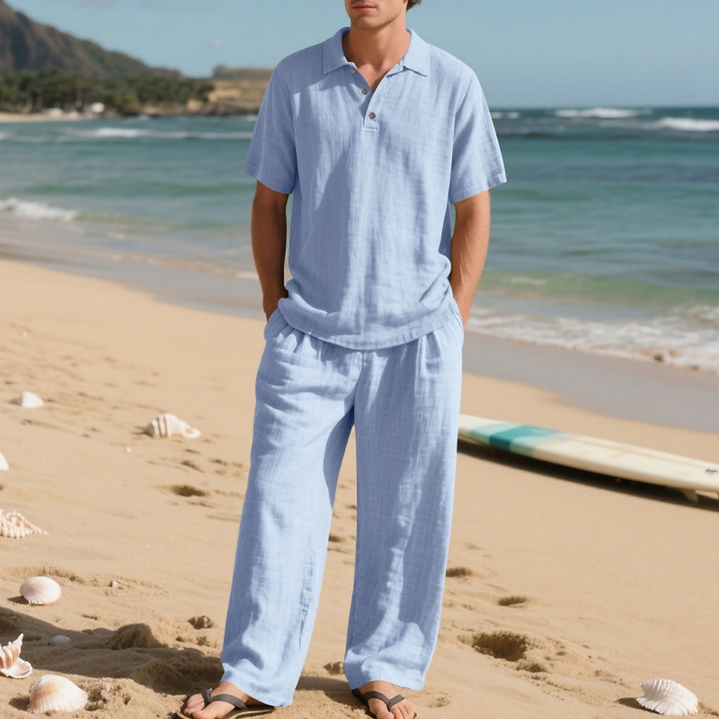 2-Piece Men's Linen Shirt  Popover Shirt And Linen Pants Trousers Casual Pants Set Plain Daily Outdoor Beach Turndown Short Sleeve Summer Spring Fashion Casual Comfortable Clothing Apparel
