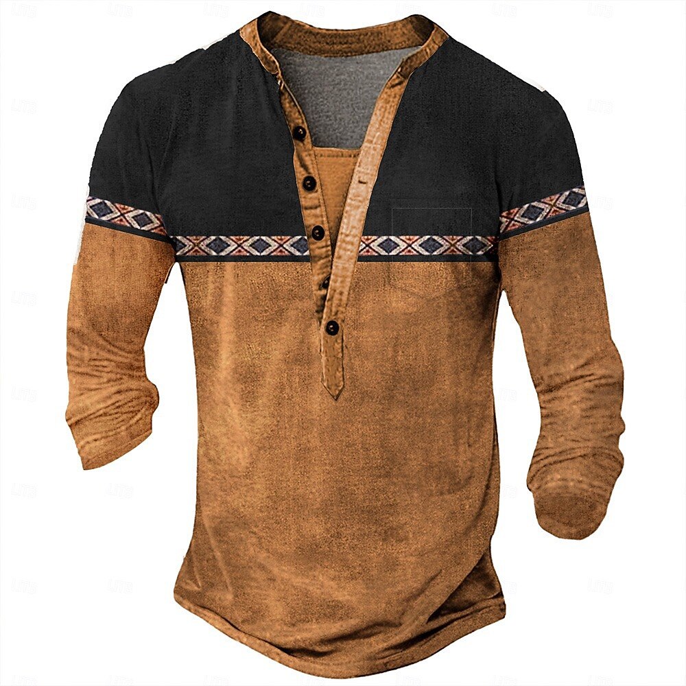 Men's Geometric Ethnic Henley Shirt Tee Long Sleeve Ethnic Casual Summer Spring Fall Lake blue Dark Gray Black Green Light Blue Henley Henley T-Shirt