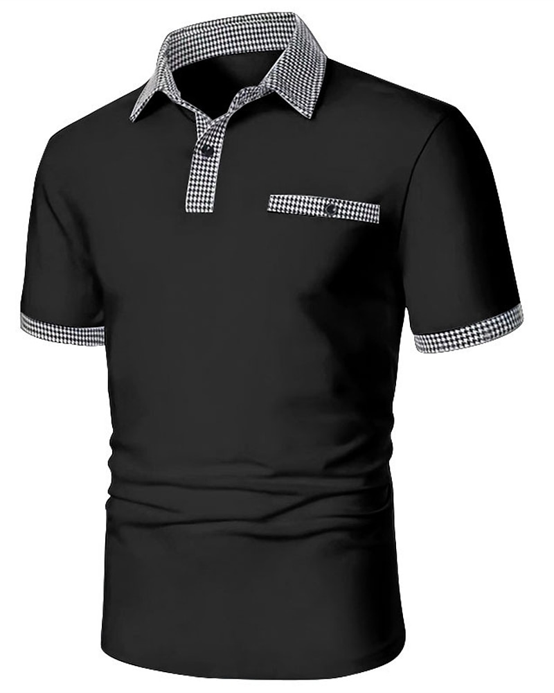 Men's Golf Shirt Golf Polo Work Casual Lapel Short Sleeve Basic Modern Color Block Houndstooth Patchwork Spring & Summer Regular Fit Black White Red Navy Blue Blue Beige Golf Shirt