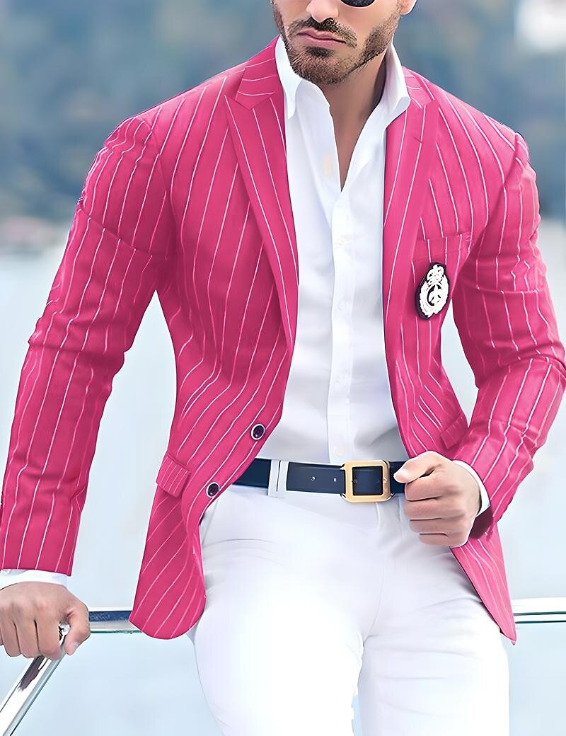 Men's Graduation Blazer Cocktail Attire Business Formal Evening Wedding Party Only tops Fashion Casual Summer Spring &  Fall Polyester Stripes Pocket Casual / Daily Single Breasted Blazer Black White