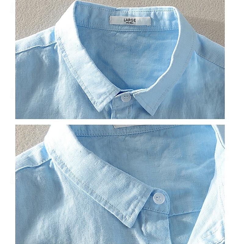 Men's Shirt Linen Shirt Casual Shirt Cotton Shirt White Sky Blue Dark Blue Apricot Short Sleeve Plain Turndown Summer Street Hawaiian Clothing Apparel Button-Down