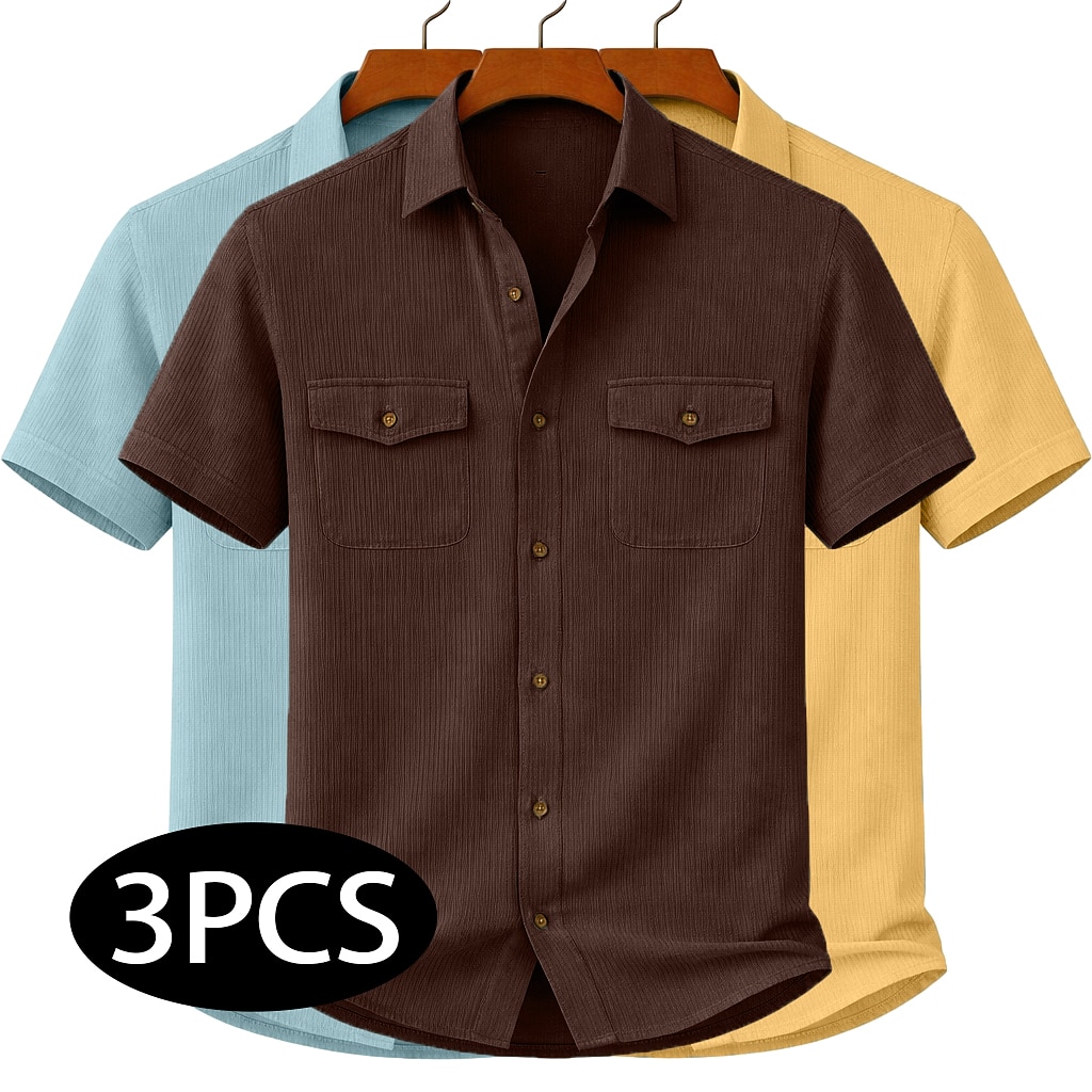 3Pcs Men's Textured Work Shirts Set Casual Shirt Corduroy Shirt Button Up Shirt Black+White+Light Blue Light BLue+Navy BLue+Black Beige+Yellow+White Army Green+White+Navy BLue Brown+Yellow+Light BLue Short Sleeve Plain