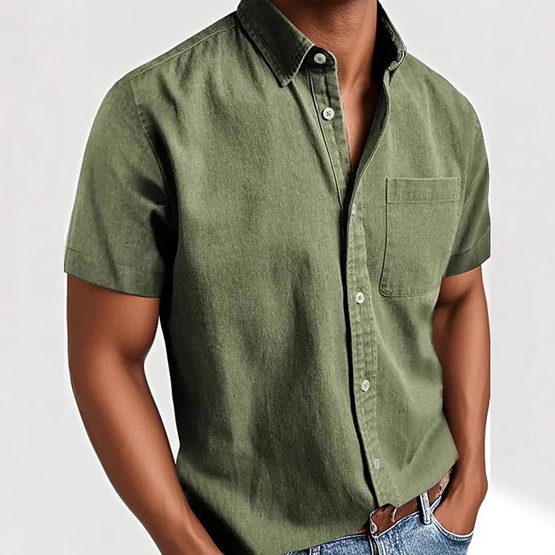 Men's Cotton Shirt Casual Shirt Button Up Shirt Black White Pink Red Navy Blue Short Sleeve Plain Lapel Casual Daily Front Pocket Clothing Apparel Elegant Fashion Casual