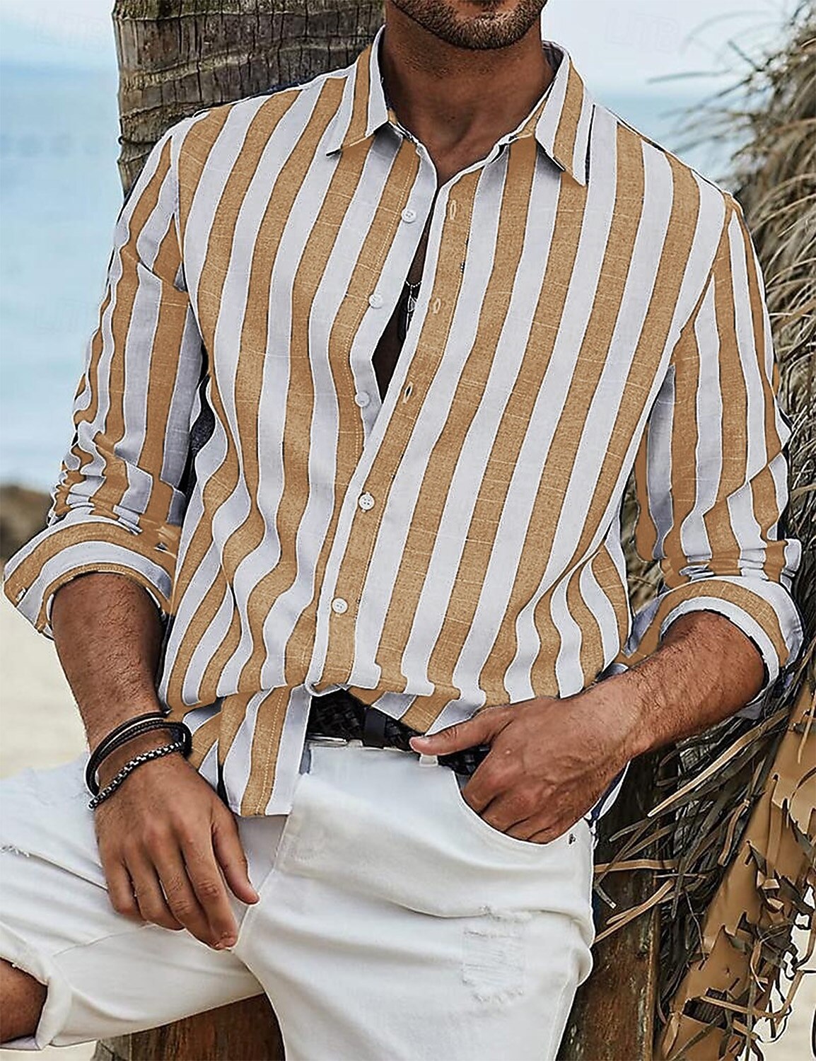 Men's Shirt Linen Shirt Summer Shirt Beach Shirt Cotton Linen Shirt Striped Shirts Striped Vacation Hawaiian Yellow Red Blue Green Long Sleeve Turndown Spring &  Fall Clothing Apparel Button-Down