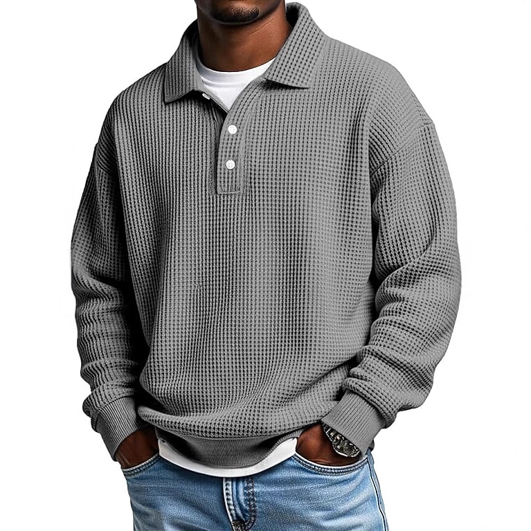 Men's Waffle Polo Shirts Polo Shirts Formal Business Ribbed Polo Collar Long Sleeve Fashion Solid Color Buttons Plain Fall Spring &  Fall Loose Fit Green Light Blue Purple Khaki Light Grey Dark Grey