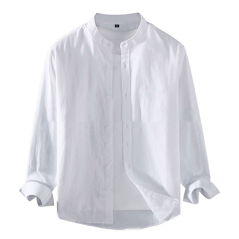 Men's Summer Beach Long Sleeve Plain Stand Collar Spring & Summer Hawaiian Holiday Clothing Apparel Basic Linen Shirt