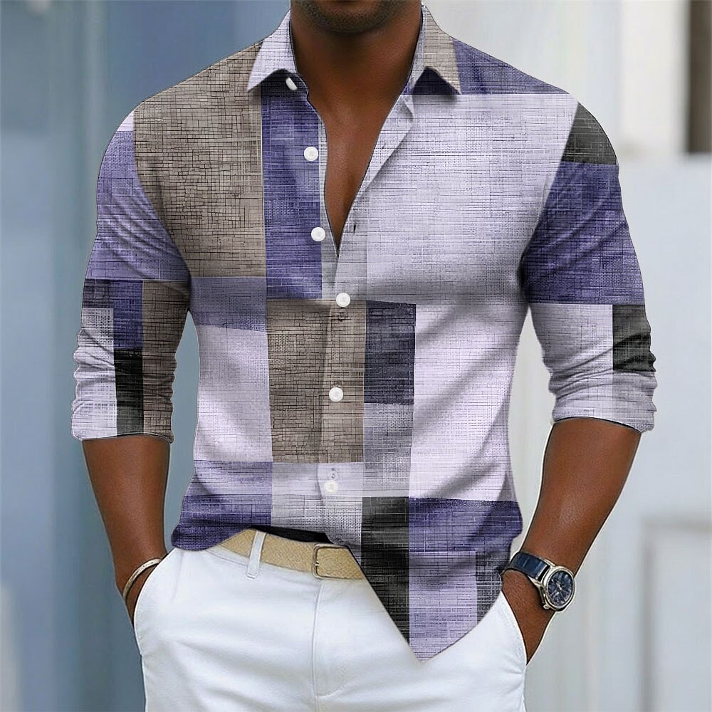 Men's Geometric Color Block Patchwork Shirt Button Up Shirt Long Sleeve Fashion Casual Outdoor Dailywear Spring Fall Turndown 3D Print Collared Shirts Blue Purple Green Khaki Gray