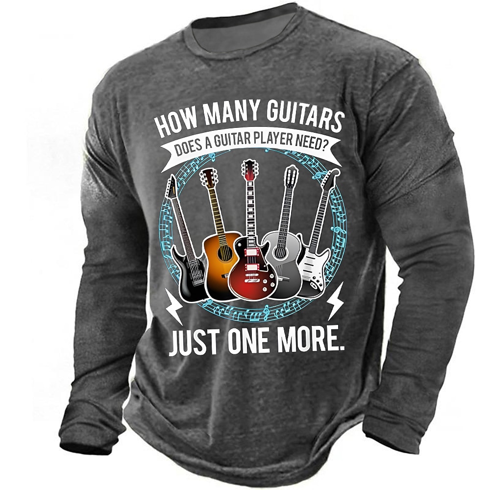 How Many Guitars Does A Guitar Player Need Just One More Funny Slogan Long Sleeve T-Shirt Mens Vintage Musical Instruments Graphic Tee Humorous Guitarist Dad Gift Tops Clothing Apparel S M L XL XXL XX