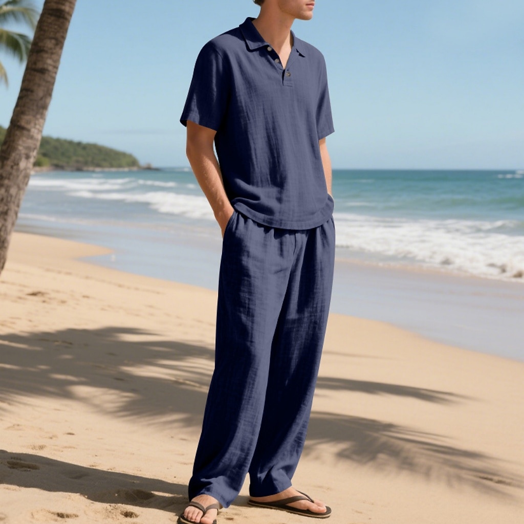 2-Piece Men's Linen Shirt  Popover Shirt And Linen Pants Trousers Casual Pants Set Plain Daily Outdoor Beach Turndown Short Sleeve Summer Spring Fashion Casual Comfortable Clothing Apparel