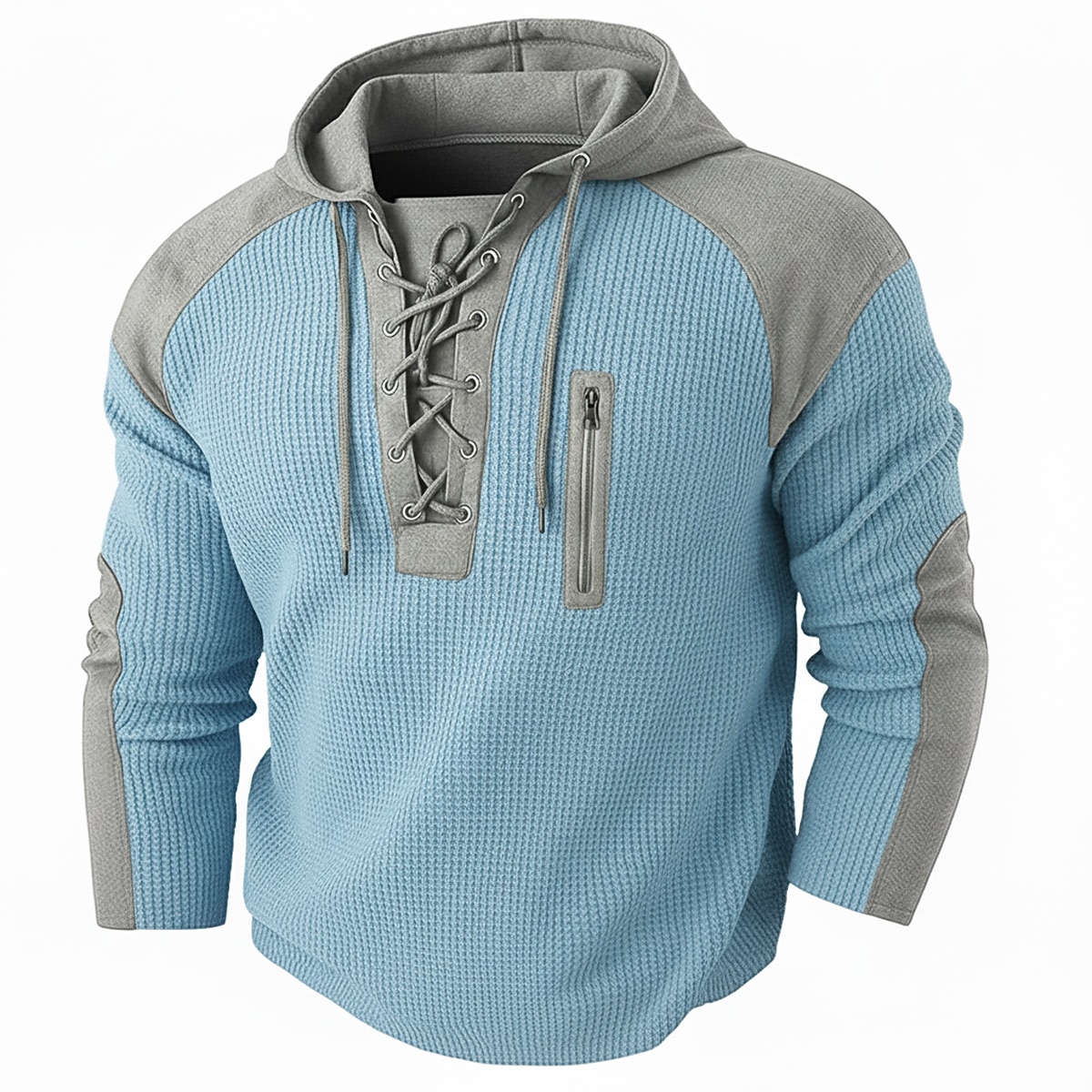 Men's Waffle T-shirt T Shirt Waffle Henley Shirt Long Sleeve Hooded Lace Up Neck Fall Solid Color Textured Traditional / Vintage Drawstring Casual Home Outdoor Light Blue Wine Black Top Tee for Men
