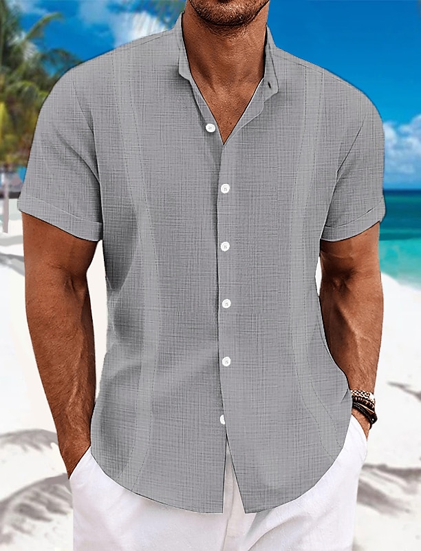 Men's Shirt Linen Shirt Guayabera Shirt Band Collar Shirt Summer Shirt Beach Wear Plain Vacation Curise Black White Blue Green Short Sleeve Collar Summer Clothing Apparel