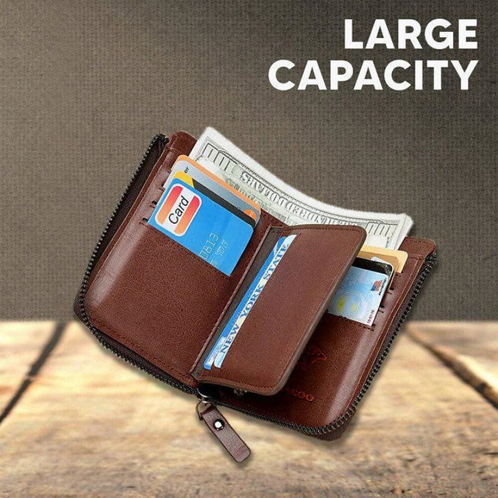 Kangaroo Men’s RFID Blocking PU Leather Wallet with Zipper, Multi-Slot Credit Card Holder, Business Purse