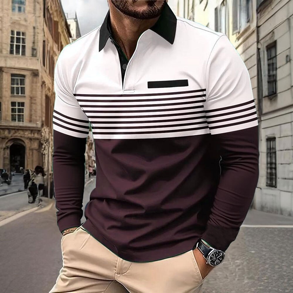 Men's Horizontal Stripes Polo Long Sleeve Polo Shirts Collared Shirts Business Casual Business Athleisure Daily Wear Pocket 3D Print Buttons Spring Fall Winter Dark Brown Black Navy Blue