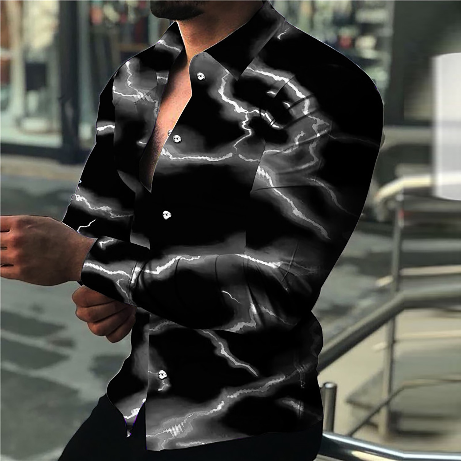 Men's Lightning Shirt Long Sleeve Fashion Designer Casual Outdoor Holiday Summer Spring Turndown Print Button-Down Blue Light Yellow Black White Yellow