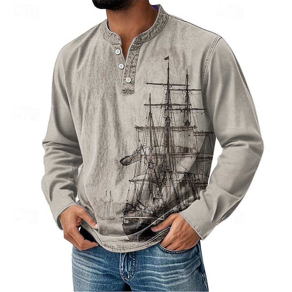 Men's Henley Shirt Long Sleeve Vintage Fashion Daily Casual Holiday Going out Spring Spring &  Fall All Seasons Navy-blue Deep Green Dark Grey Black Blue Henley Henley T-Shirt