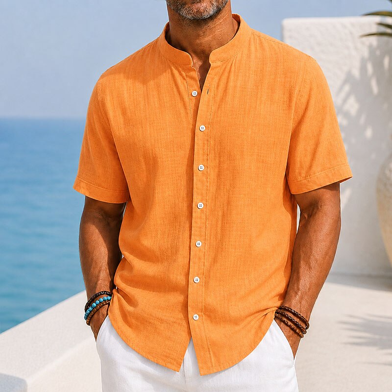 Men Shirt Linen Shirt Summer Shirt Beach Wear Band Collar Shirt Button Up Shirt Plain Casual Daily Blue Black White Orange Short Sleeve Band Collar Summer Clothing Apparel
