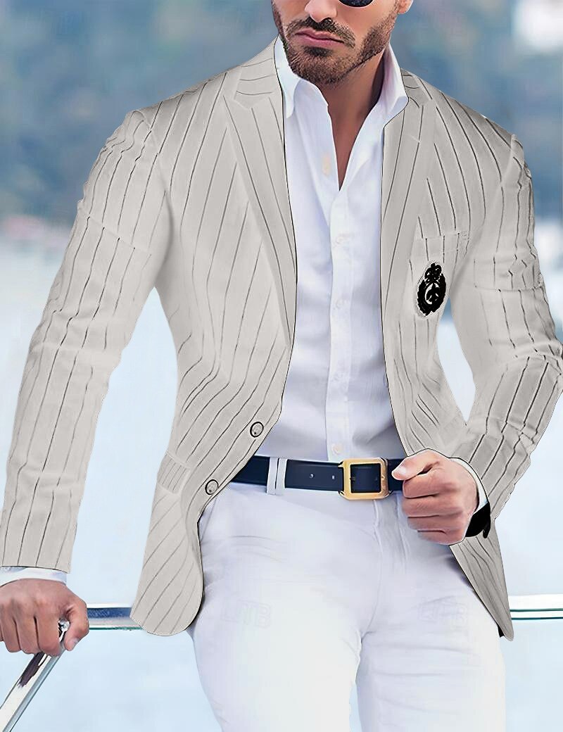 Men's Graduation Blazer Cocktail Attire Business Formal Evening Wedding Party Only tops Fashion Casual Summer Spring &  Fall Polyester Stripes Pocket Casual / Daily Single Breasted Blazer Black White