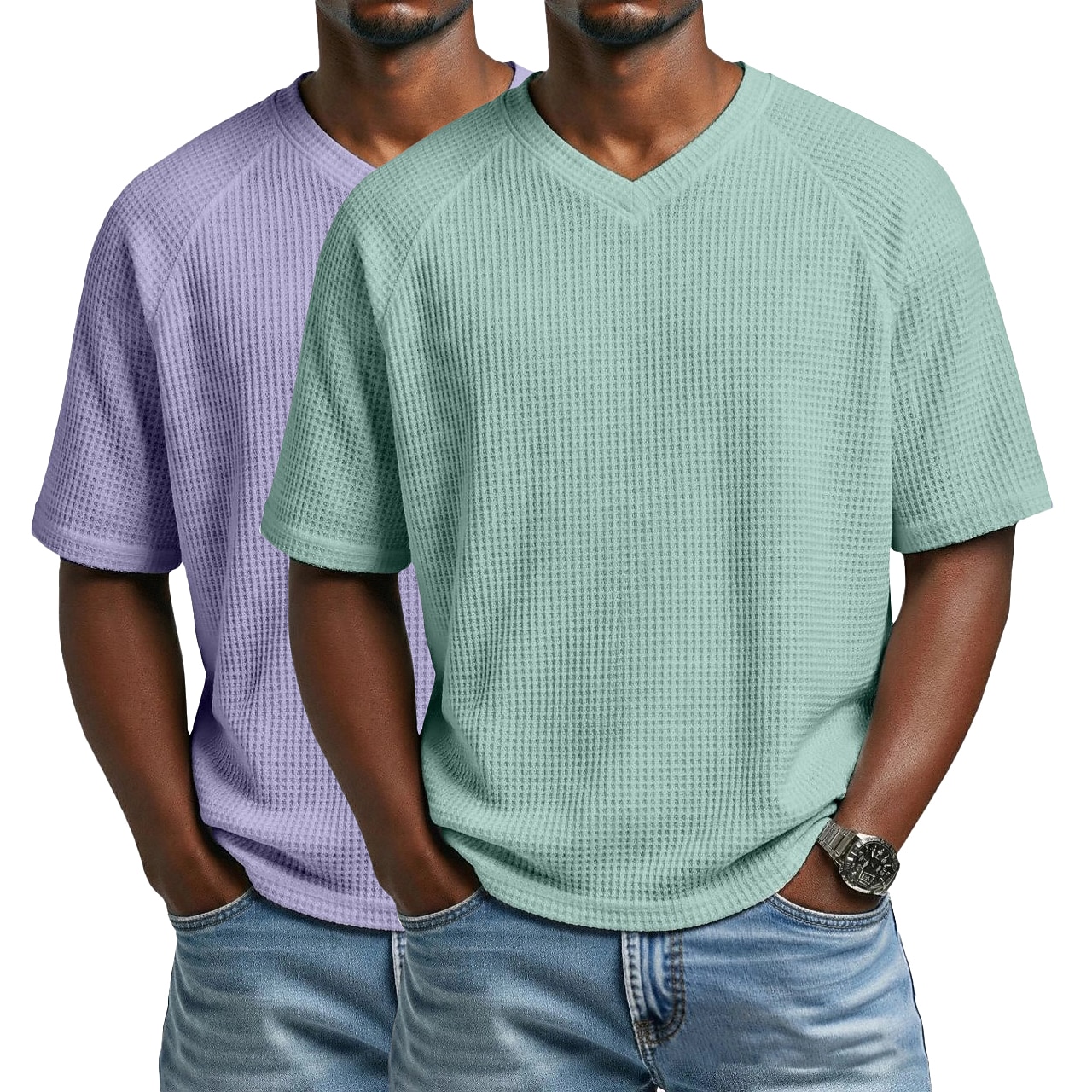 2PCS Men's Waffle T-shirt Tee Top Short Sleeve V Neck Summer Solid Color Textured Fashion Designer Casual 2 Piece Multi-pack Raglan Sleeves Casual Daily Outdoor White Black Top Tee for Men