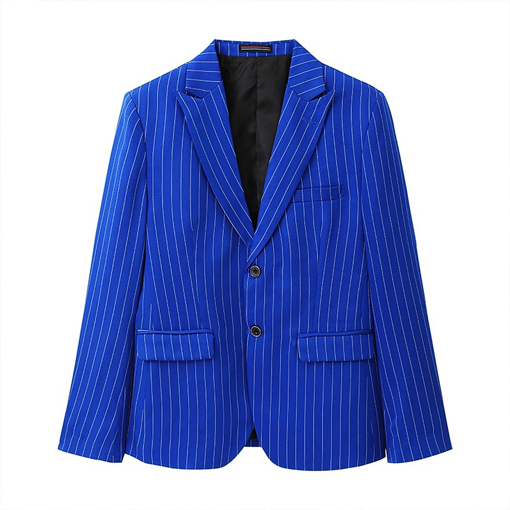 Men's Graduation Blazer Cocktail Attire Business Formal Evening Wedding Party Only tops Fashion Casual Summer Spring &  Fall Polyester Stripes Pocket Casual / Daily Single Breasted Blazer Black White