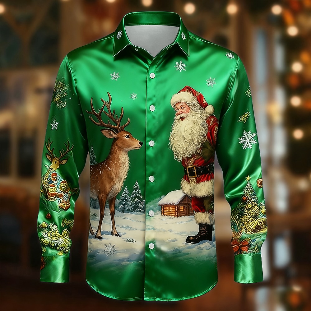 Christmas Men's Santa Claus Christmas Tree Reindeer Shirt Satin Shirt Dress Shirt Long Sleeve Fashion Casual Outdoor Party Holiday Spring Fall Turndown 3D Print Button Up Shirts Light Blue Blue 3