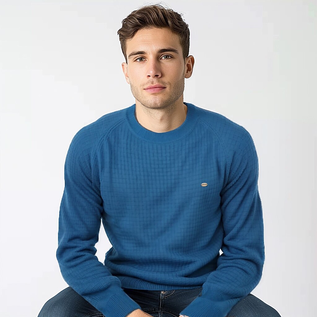 Men's Sweater Pullover Sweater Jumper Knitwear Ribbed Knit Regular Tops Plaid Crew Neck Knitwear Neutral Outdoor Casual Daily Clothing Apparel Spring &  Fall Navy Blue Blue S M L