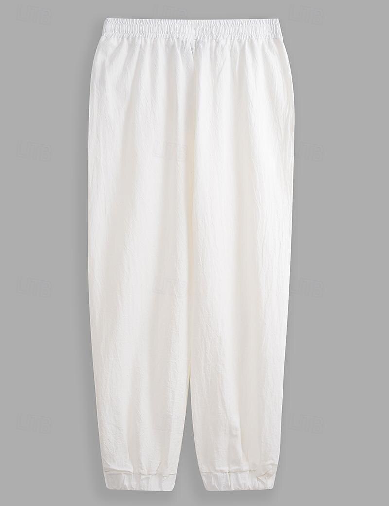 Men's Linen Pants Trousers Summer Pants Elastic Waist Straight Leg High Rise Solid Color Comfort Breathable Full Length Wedding Holiday Vacation Fashion Gray Green Black High Waist Inelastic