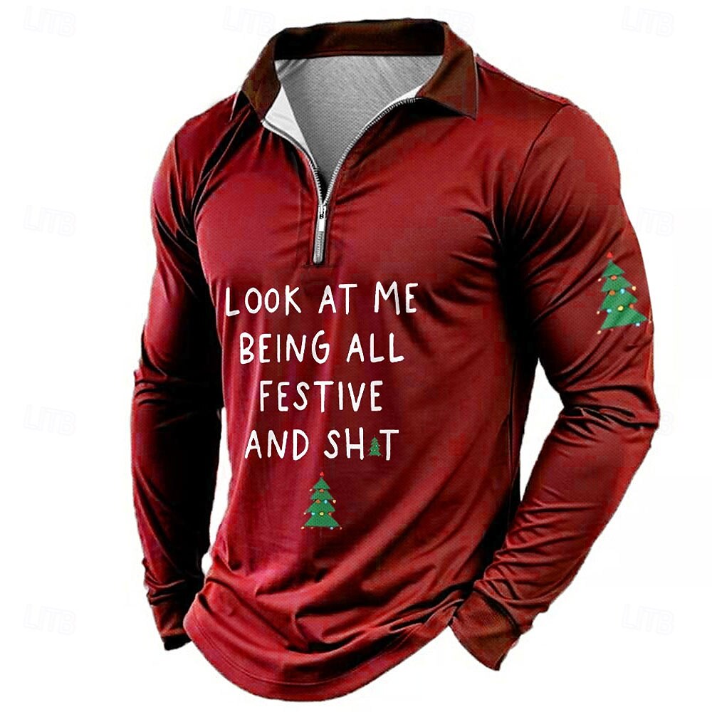 Christmas Men's Tree Zip Polo Long Sleeve Polo Shirts Collar Party Evening Wear Vacation New Years Eve Shirts 3D Print Black Red Blue