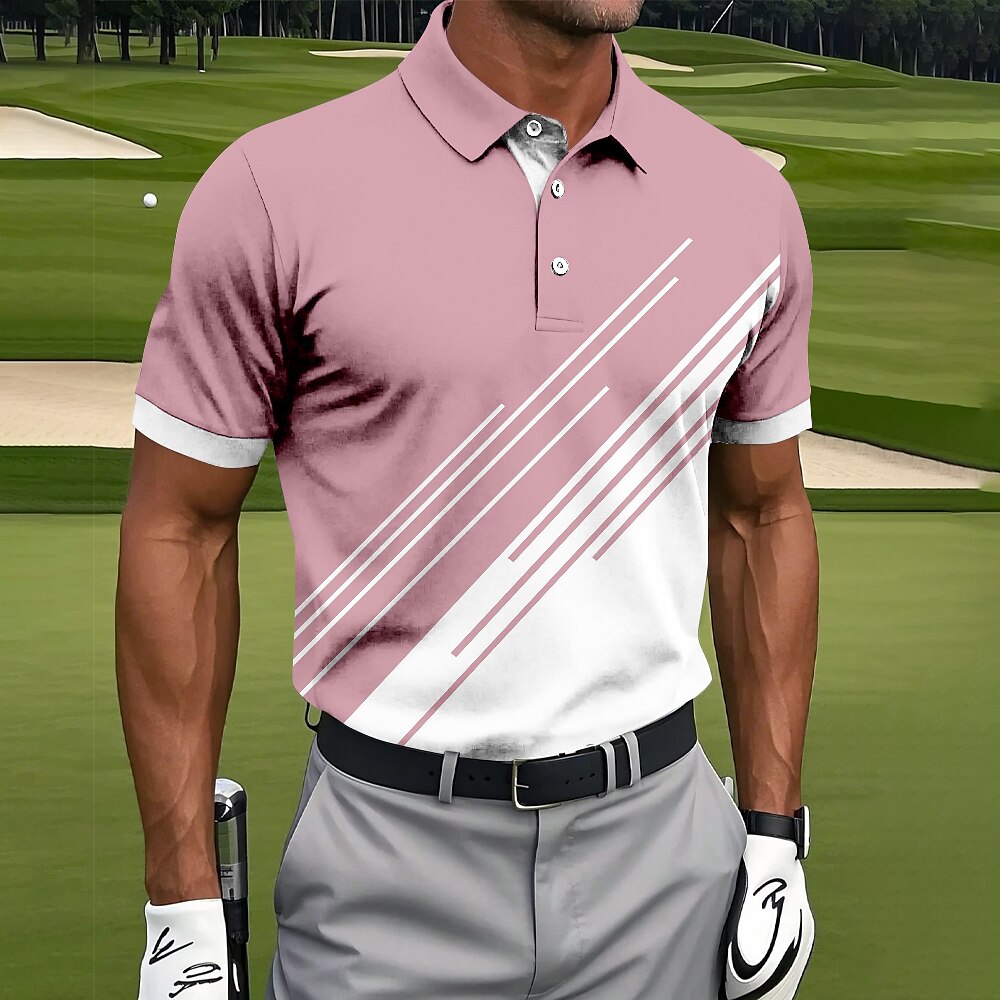 Men's Golf Line Polo Sports Polo Shirts Short Sleeve Polo Shirts Collared Shirts Casual Athleisure Buttons Summer Black Pink Blue