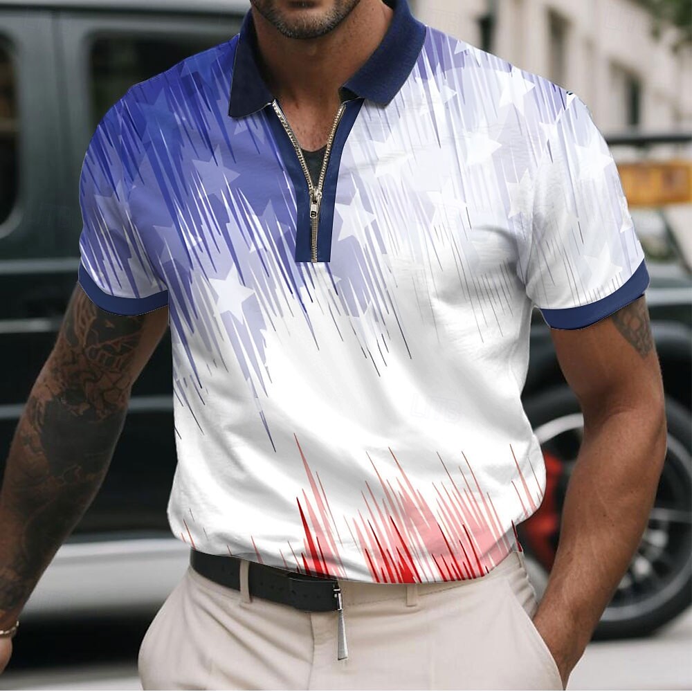 Men's American US Flag Zip Polo Shirts Short Sleeve Polo Shirts Collared Shirts Casual Athleisure Daily Wear 3D Print Red Navy Blue Sky Blue