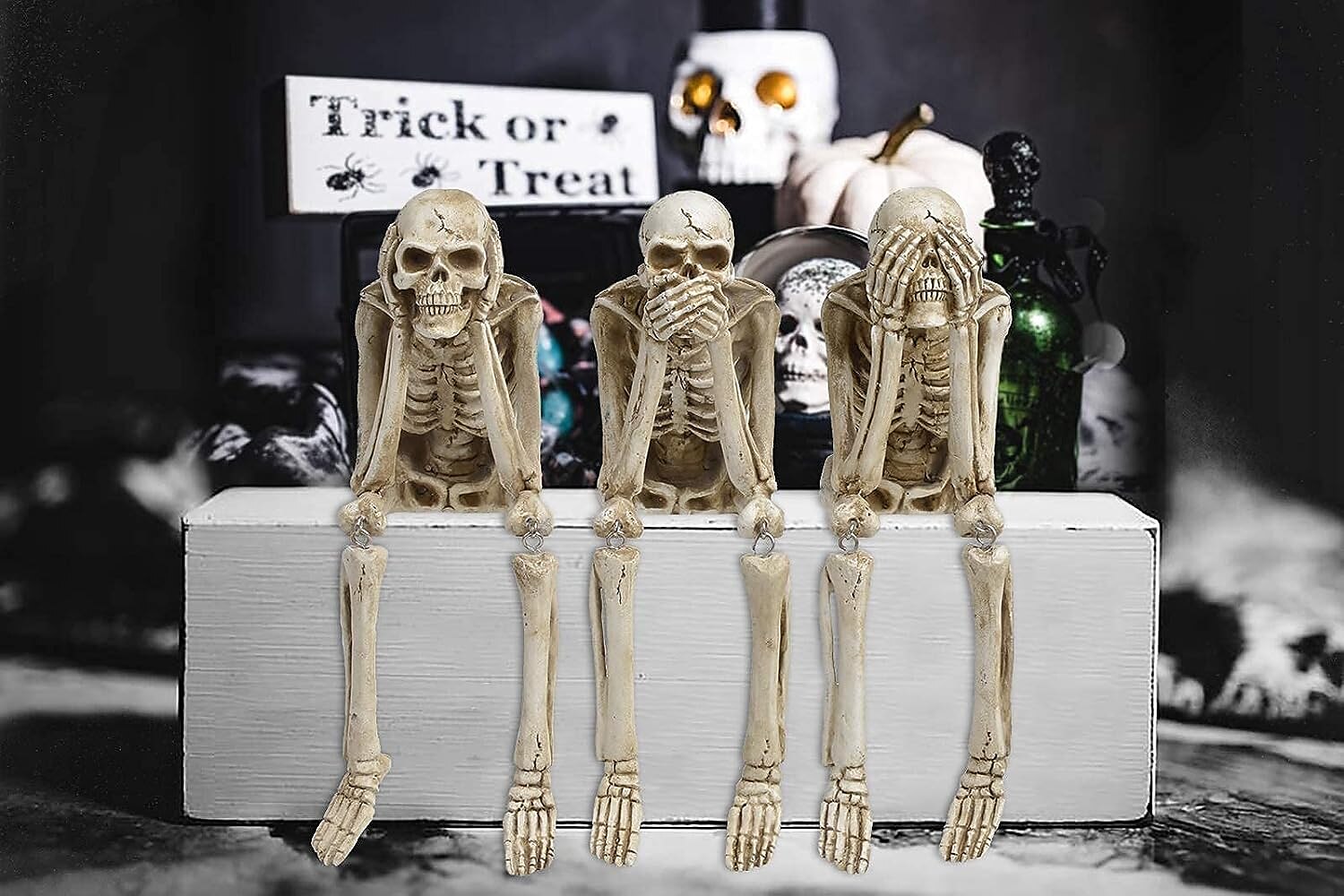 Halloween Skull Statues, Resin Skeleton Shelf Sitters, Sitting Figurines for Home Bookshelf and Table Edge, Decorative Crafts Ornaments for Skeleton Lovers