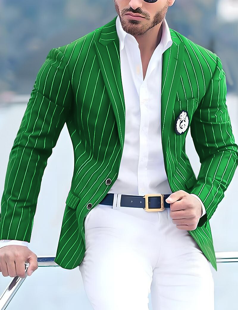 Men's Graduation Blazer Cocktail Attire Business Formal Evening Wedding Party Only tops Fashion Casual Summer Spring &  Fall Polyester Stripes Pocket Casual / Daily Single Breasted Blazer Black White