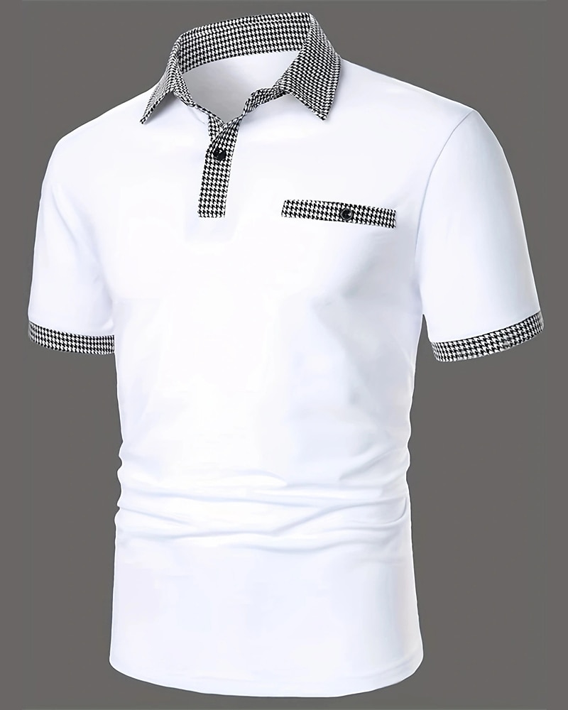 Men's Golf Shirt Golf Polo Work Casual Lapel Short Sleeve Basic Modern Color Block Houndstooth Patchwork Spring & Summer Regular Fit Black White Red Navy Blue Blue Beige Golf Shirt