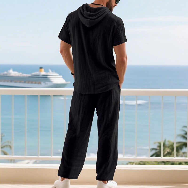 Men's T-shirt Suits Shirt and Pant Sets 2 Pieces Outfits Short Sleeve Hooded Summer Spring Plain Fashion Casual Drawstring 2 Piece Buttons Vacation Daily Wear Going out Black White Yellow Top Tee for