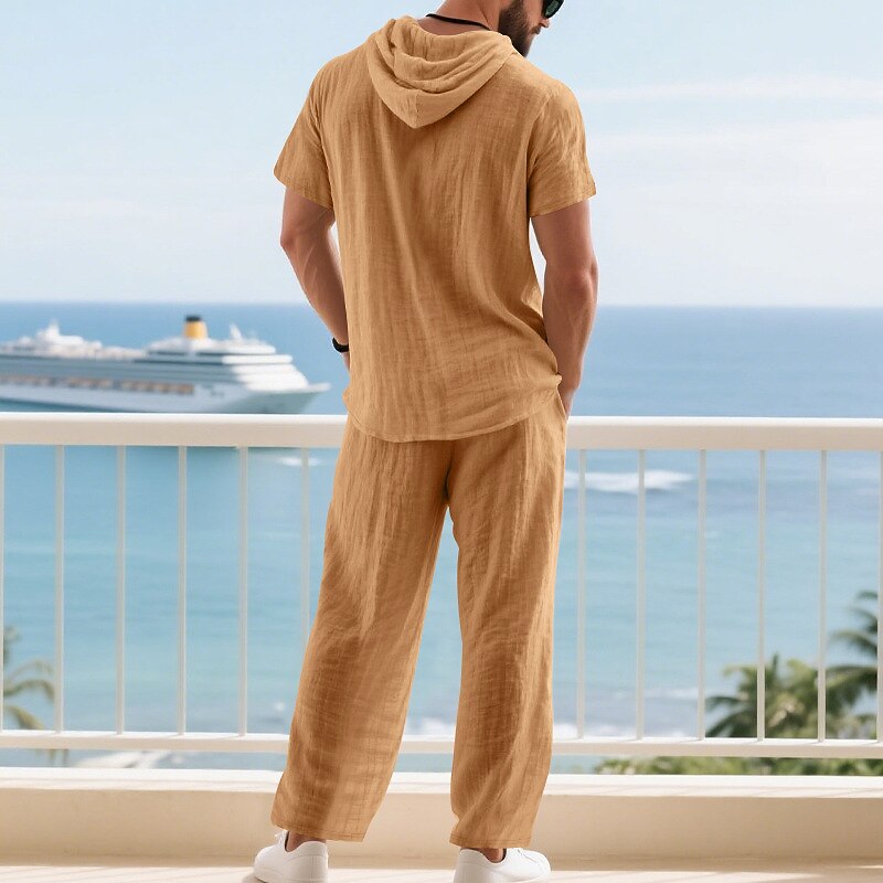 Men's T-shirt Suits Shirt and Pant Sets 2 Pieces Outfits Short Sleeve Hooded Summer Spring Plain Fashion Casual Drawstring 2 Piece Buttons Vacation Daily Wear Going out Black White Yellow Top Tee for