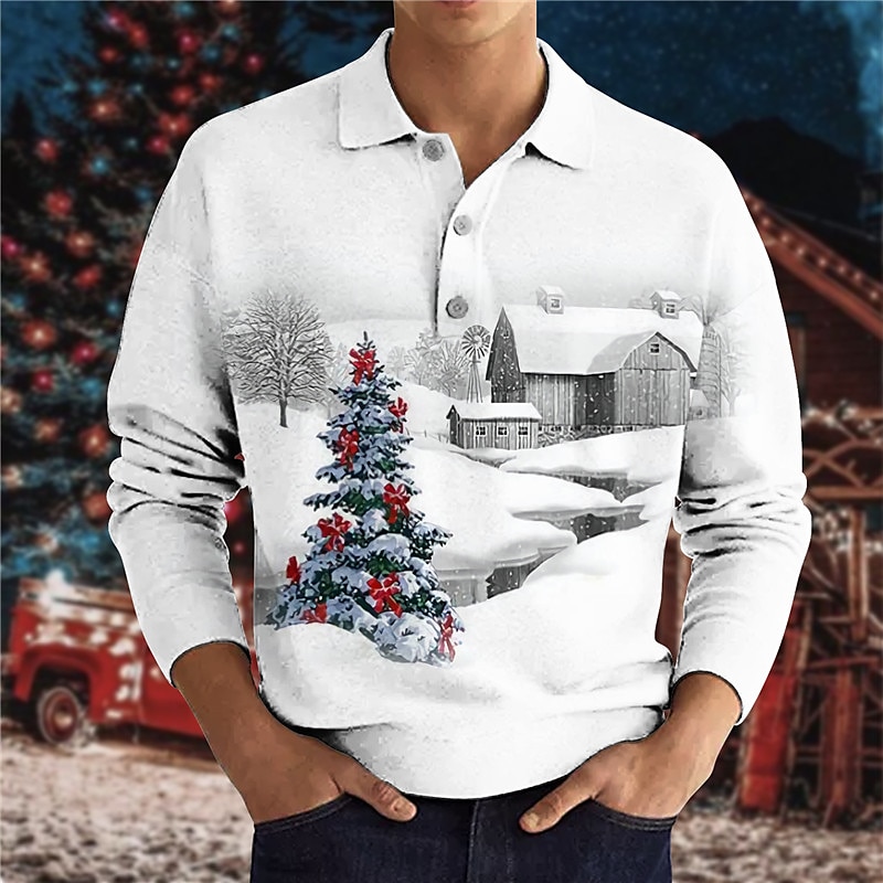 Christmas Men's Christmas Scene 3D Polo Golf Tree Graphic Prints House Turndown Yellow Blue Purple Green Gray 3D Print Street Long Sleeve Print Button-Down Clothing Apparel Fashion Designer Casual