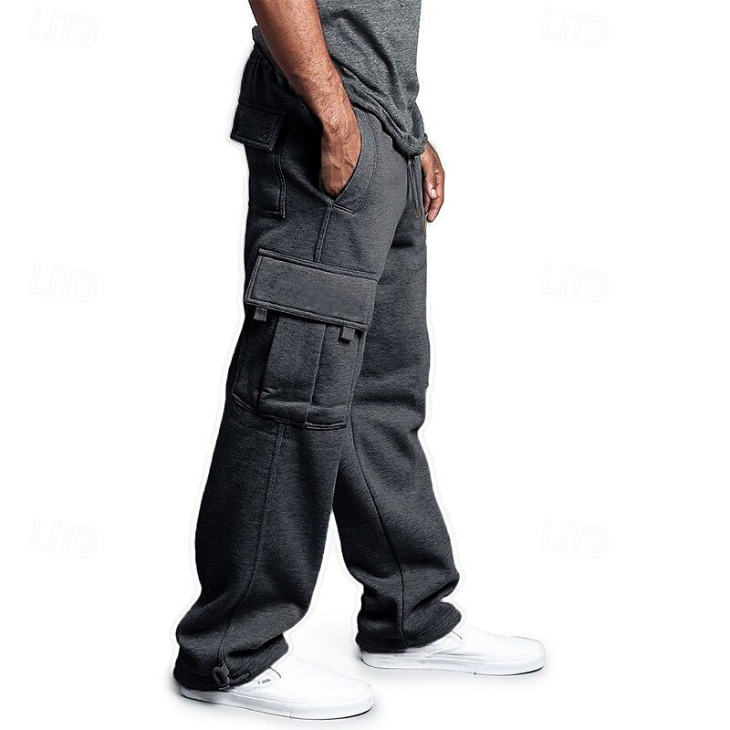 Men's Fleece Pants Sweatpants Joggers Trousers Cargo Sweatpants Drawstring Elastic Waist Multi Pocket Solid Color Windproof Outdoor Full Length Casual Daily Fashion Streetwear Loose Fit Black White