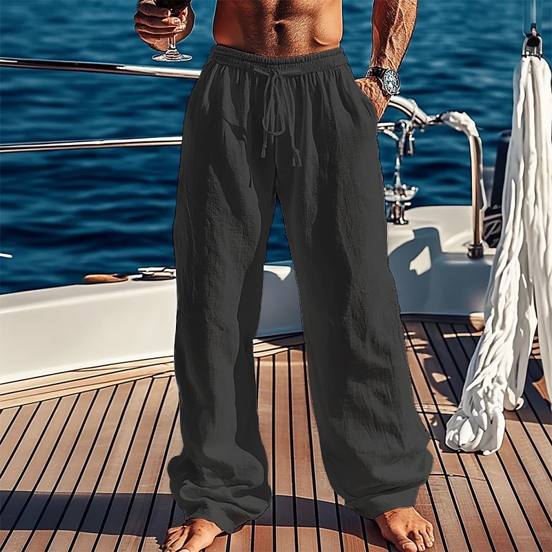 Men's Linen Pants Trousers Summer Pants Beach Pants Pocket Drawstring Plain Comfort Breathable Vacation Daily Holiday Hawaiian Boho Black White