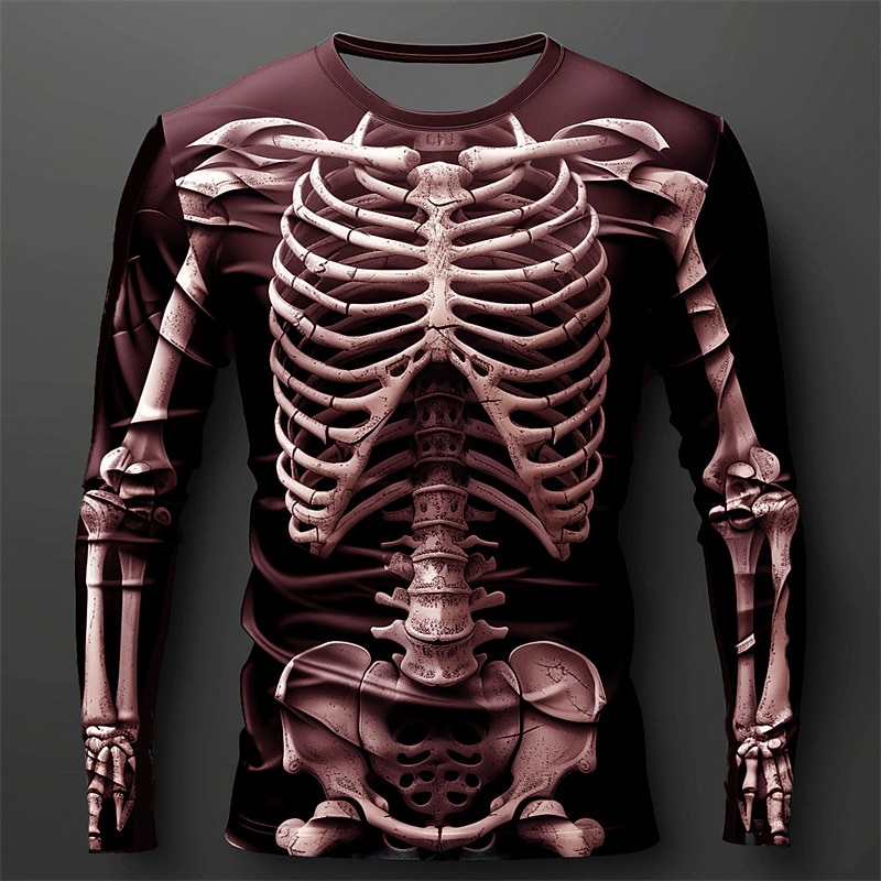 Halloween Day of the Dead Skull Men's Skeleton Costume T Shirt Long Sleeve T shirt 3D Print Crew Neck Shirt Fashion Exaggerated Street Casual Daily  Summer Spring Fall Clothing Apparel