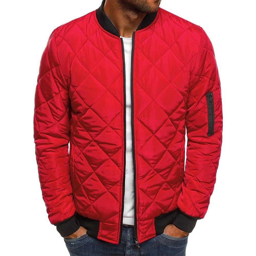 Men's Bomber Quilted Jacket Diamond Padded Jacket Winter Outdoor Chunky Varsity Flight Windproof Warm Trench Coat Top Quilted Seams Cotton Outwear Overcoat Full Zipper Camping Hiking Hunting Fishing