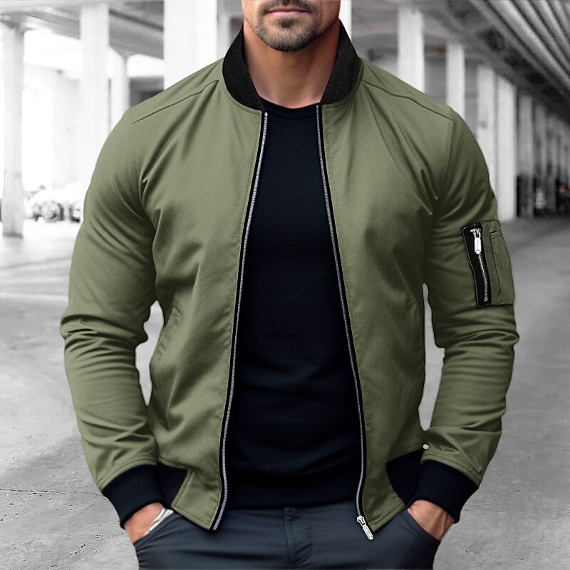 Men's Bomber Jacket Varsity Jacket Outdoor Sport Warm Pocket Fall Winter Plain Fashion Streetwear Stand Collar Short Black Blue Red & White Green Khaki Jacket