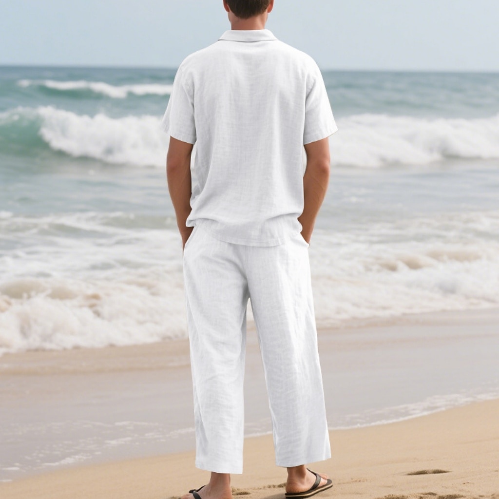 2-Piece Men's Linen Shirt  Popover Shirt And Linen Pants Trousers Casual Pants Set Plain Daily Outdoor Beach Turndown Short Sleeve Summer Spring Fashion Casual Comfortable Clothing Apparel