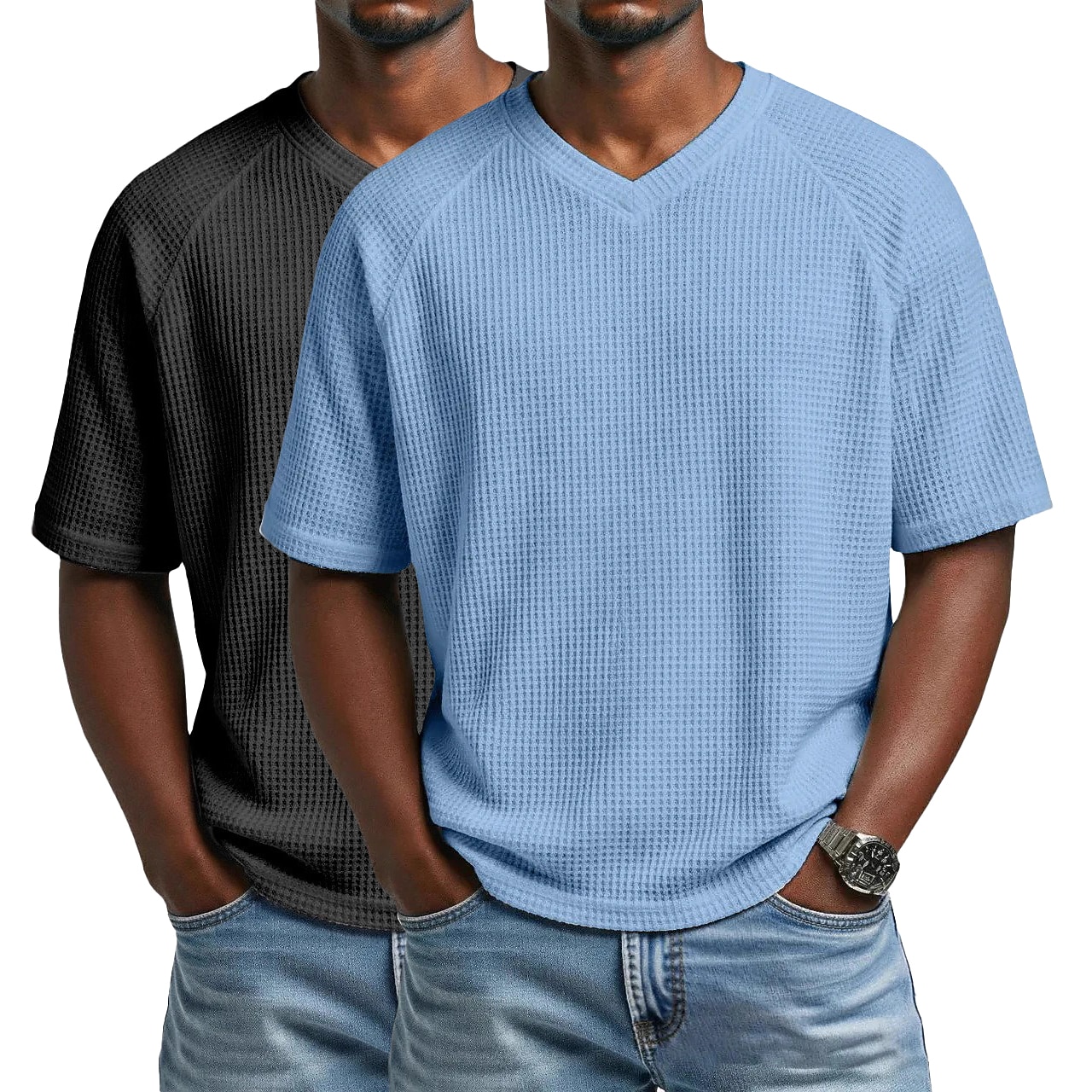2PCS Men's Waffle T-shirt Tee Top Short Sleeve V Neck Summer Solid Color Textured Fashion Designer Casual 2 Piece Multi-pack Raglan Sleeves Casual Daily Outdoor White Black Top Tee for Men