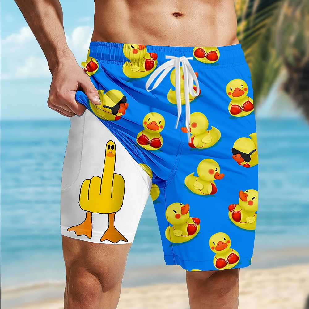 Men's Little Yellow Duck Funny Lined Shorts 2 in 1 Board Shorts Swim Shorts Mid Waist Hawaiian Vacation Beach Wear Side Pockets With Compression Liner Elastic Drawstring Waist Designer Clothing