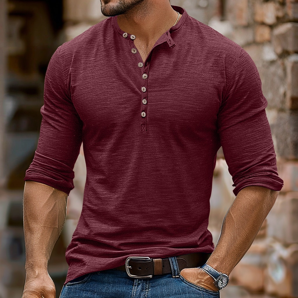 Men's Henley Shirt Tee Top Long Sleeve Shirt Long Sleeve Solid Color Fashion Daily Buttons Henley Outdoor Casual Summer Dark Brown Dark Grey Dark Red Henley T-Shirt