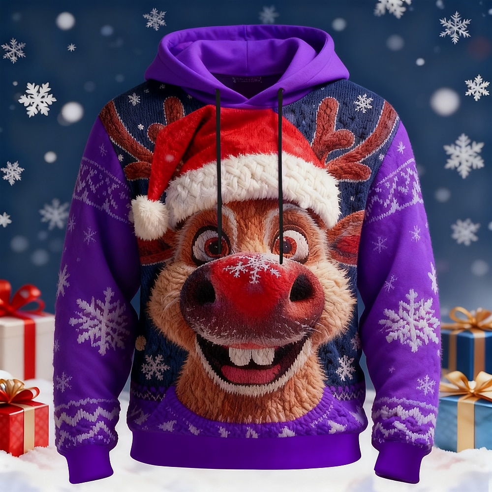Christmas Men's Elk Hoodie Sweatshirt Fashion Daily Casual Long Sleeve Crew Neck Hooded Home Party Gift Red Blue Purple Green Drawstring Fall Winter Designer S M L XL XXL XXXL